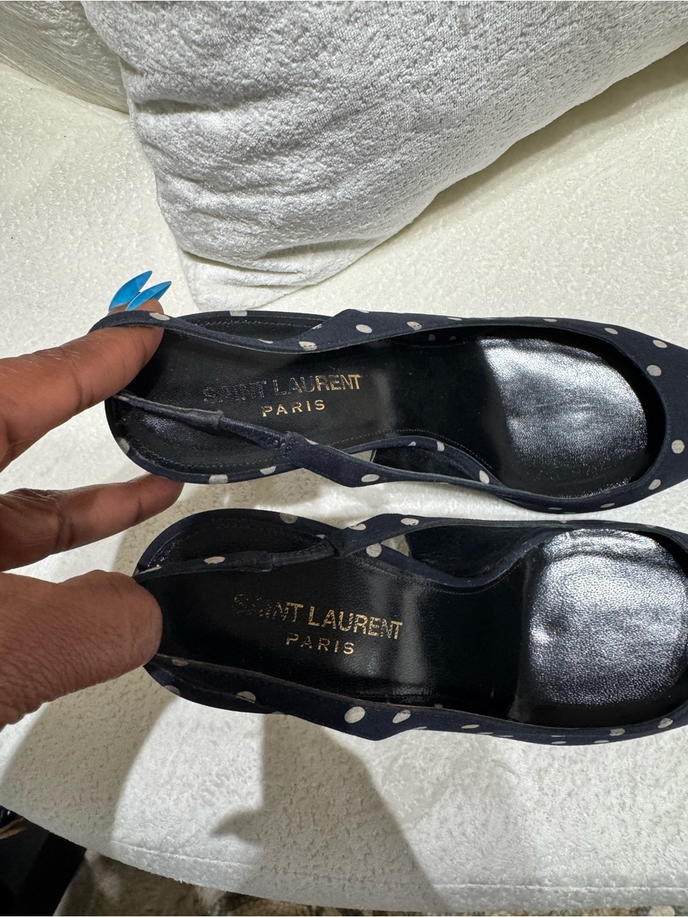 Authentic Saint Laurent Navy and White Polka Dot Slingback Pumps - Picture 6 of 6